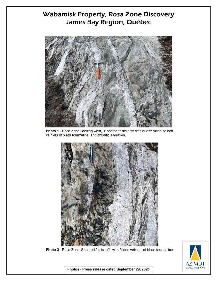 Zone Rosa (vue vers l’ouest). Tufs felsiques cisaillés contenant des veines de quartz, de petites veinules de tourmaline noire plissées et une altération chloritique.