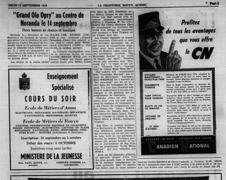 L’annonce de nombreuses prestations d’artistes de renom du Grand Ole Opry le 14 septembre 1959. Les billets se vendent 1 $ à l’avance, 1,50 $ à la porte, et finalement, ils en coûtent 0,50 $ pour les enfants de moins de 12 ans.